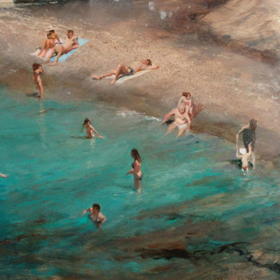 Beach is an Oil on Canvas painting by Michael Alford that shows bathers on a beach and cooling off in the sea on a hot sunny day.