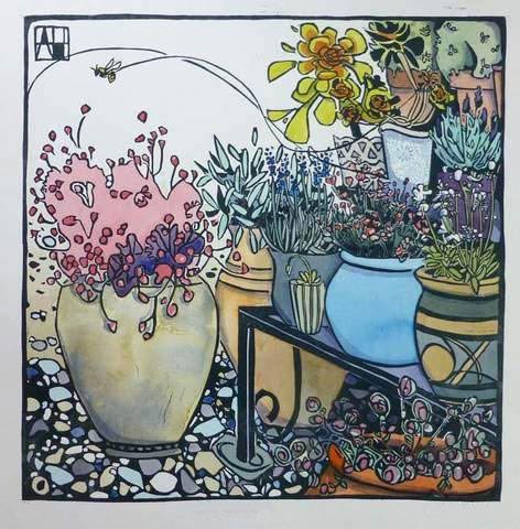 Linocut and Watercolour by Amie Haslen at Norton Way Gallery, Hertfordshire