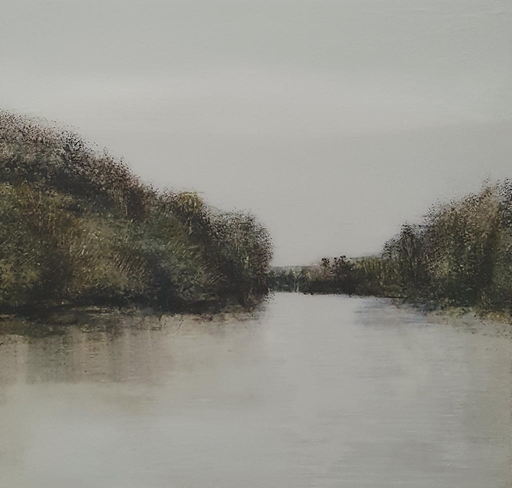 Down River by Anna Boss. This original painting by Anna Boss is an artwork created in acrylic and ink. It depicts a riverbank. It is exhibited at Norton Way Gallery Hertfordshire.