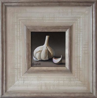 Framed oil painting of a garlic bulb and clove, by Anne Songhurst, at Norton Way Gallery Hertfordshire.