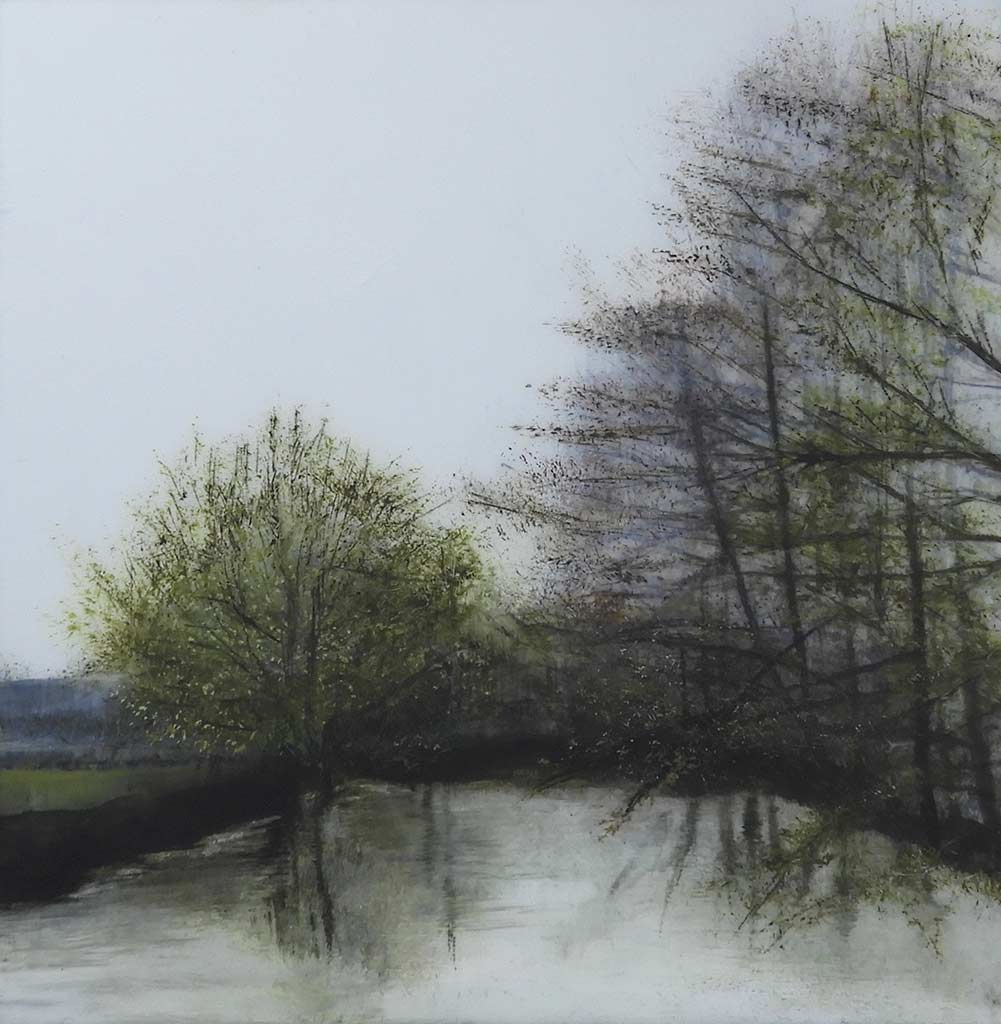 Frome Meander by Anna Boss. This original painting by Anna Boss is an artwork created in acrylic and ink. It depicts a riverbank. It is exhibited at Norton Way Gallery Hertfordshire.
