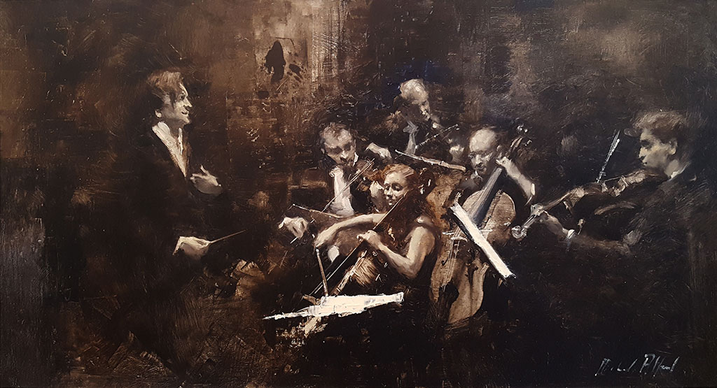 Graioso is an oil painting by Michael Alford that shows an orchestra as they play and truely captures their intensity and the mood of the music.