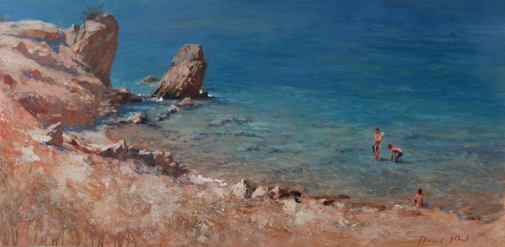 Late Summer is an original oil painting by Michael Alford showing bathers on a beach wading.