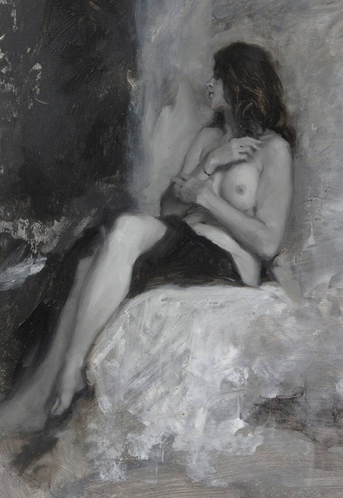 Beautiful original oil painting Nude Black and White Autumn by Michael Alford shows a young woman seated and looking away.