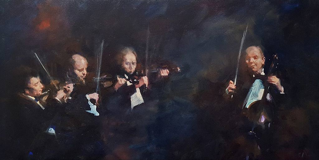Quartet is an Oil on Canvas painting by Michael Alford that shows 3 violinists and a cellist as they play.