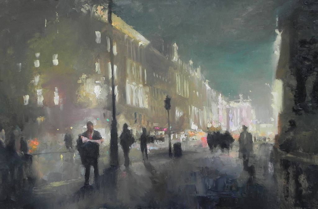 Original oil painting Regent Street at Dusk by artist Michael Alford shows the busy street as the light fads and captures the real feel of an end of day in London.
