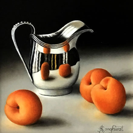 Beautiful richly painted oil from Anne Songhurst. Luscious apricots reflected in the surface of a silver jug. Exhibited at Norton Way Gallery, Hertfordshire.
