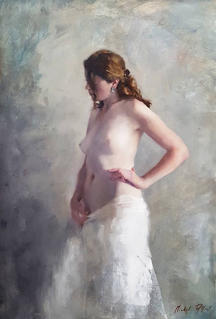 Beautiful original oil painting Study Glancing Down by Michael Alford is a typical nude study by the artist.