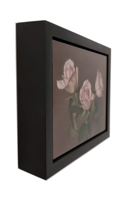Sian Hopkinson at Norton Way Gallery, Hertfordshire. This original artwork by British artist, Sian Hopkinson is painted in oils. It depicts a three beautiful pink stemmed roses. . This original painting is framed in a hand painted, warm, brown box frame.