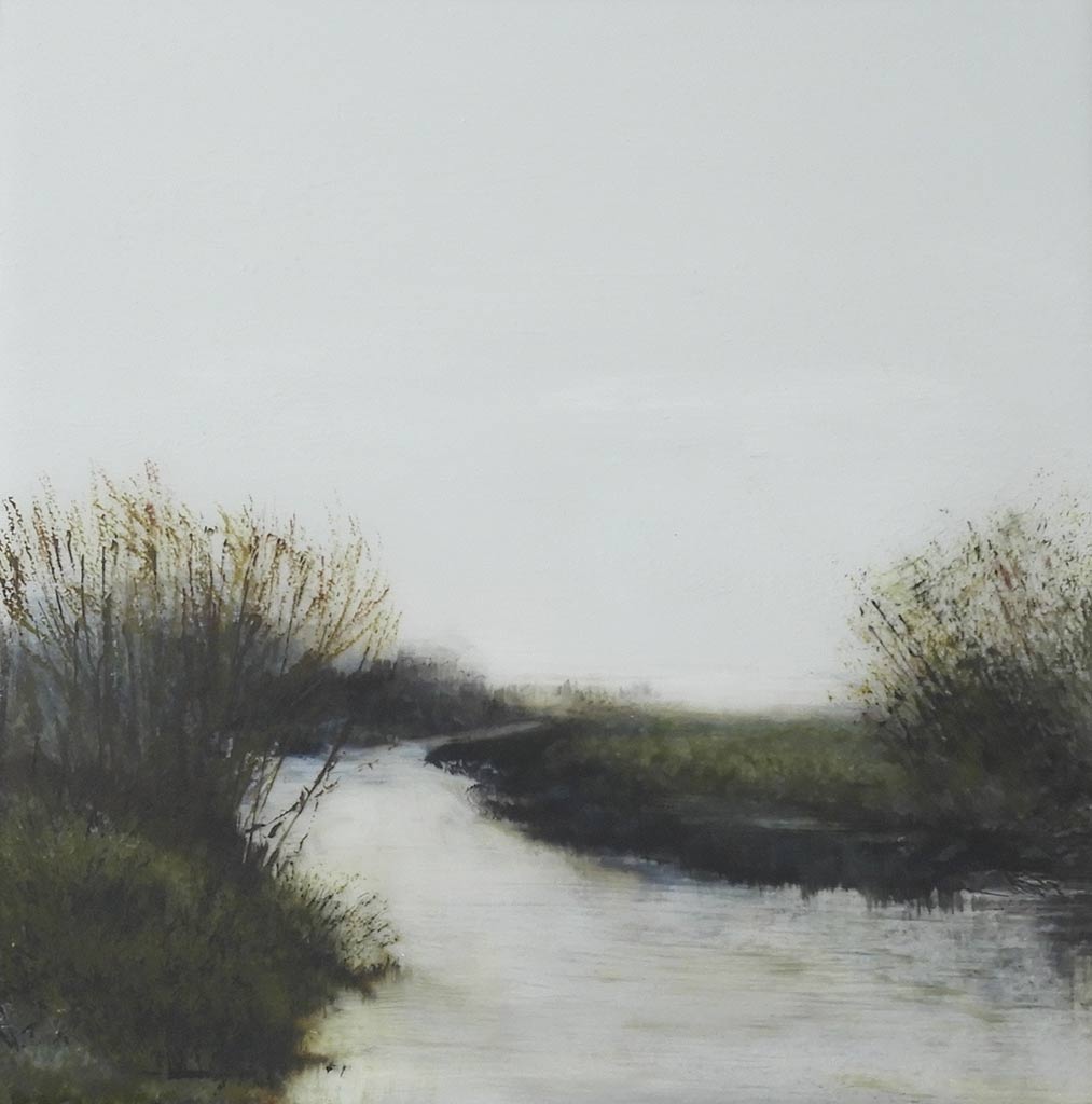 Wet Tones by Anna Boss. This original painting by Anna Boss is an artwork created in acrylic and ink. It depicts a riverbank. It is exhibited at Norton Way Gallery Hertfordshire.
