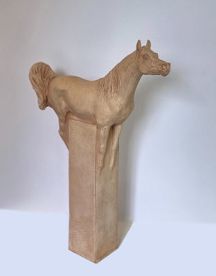 Susan Leyland at Norton Way Gallery. This fired clay sculpture is an original artwork by artist Susan Leyland. It depicts a beautiful Arab Horse with its tail aloft.
