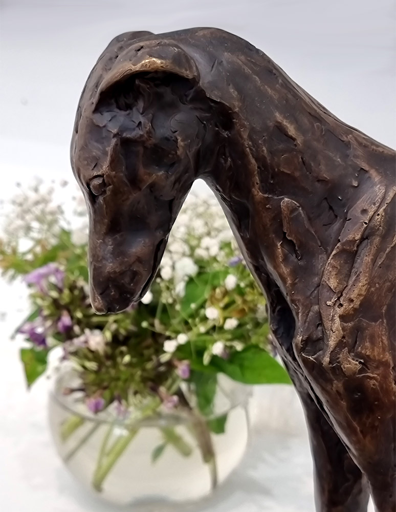 Stuart Anderson at Norton Way Gallery Hertfordshire. This beautiful foundry bronze sculpture from Stuart Anderson depicts a sighthound, which could be a greyhound or lurcher, standing with its neck arched.