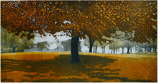 This beautiful etching and aquatint by artist Phil Greenwood captures the autumn shades across a heath.