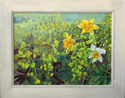 Amie Haslen; Amie Haslen has painted a beautiful spring scene of botanical art, growing wild. This artwork is painted in acrylic. The painting depicts a yellow daffodills and yellow and green Euphorbia.. It is exhibited at Norton Way Gallery Hertfordshire. This artwork is framed in a rustic off-white frame.