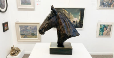 Bronze Sculpture by Debborah Burt. This beautiful large horse bust is cast in Foundry Bronze and displays all of the skills of a Deborah Burt bronze sculpture. It is exhibited at Norton Way Gallery Hertfordshire.