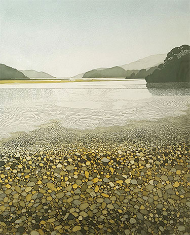 Phil Greenwood RE, at Norton Way Gallery, Hertfordshire. This original artwork by British artist, Phil Greenwood RE is an original artist's etching. It depicts pebbles of the shore of an estuary. There are hills in the background.