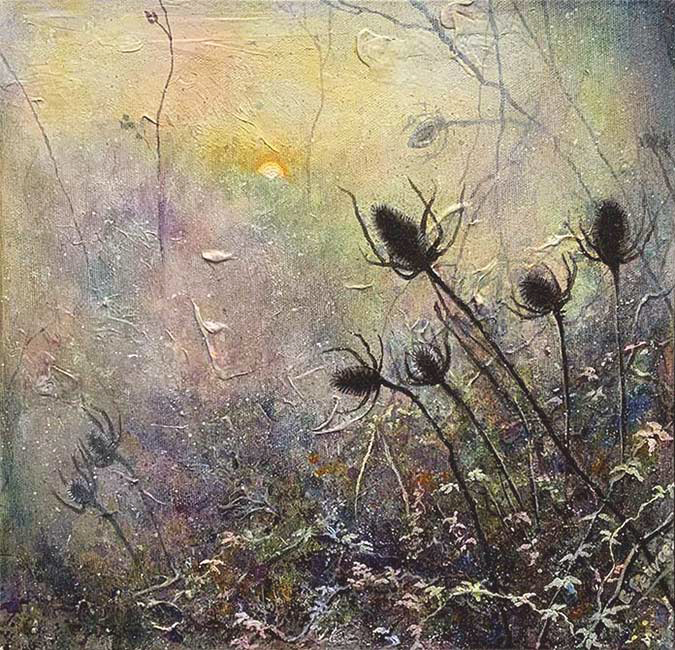 Emma Pearce at Norton Way Gallery. Incandescent Dawn is an acrylic painting by Emma Perace. It depicts teasels and other wild meadow flowers. It is exhibited at Norton Way Gallery Hertfordshire.