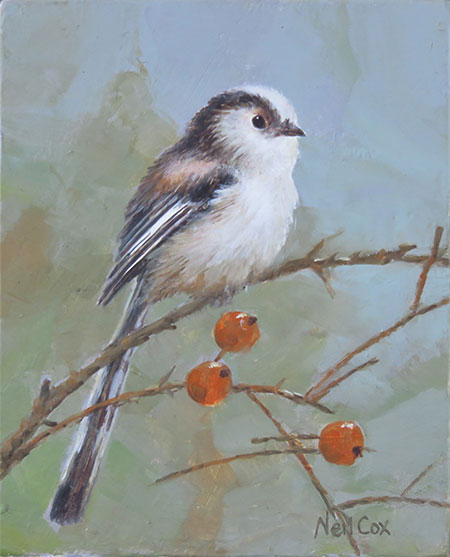 This original oil painting by wildlife artist Neil Cox is a beautifully and delicately painted image of a long-tailed tit.