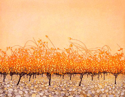Phil Greenwood RE, at Norton Way Gallery, Hertfordshire. This original artwork by British artist, Phil Greenwood RE is an original artist's etching. It depicts gold and yellow grape vines above large pebbles.