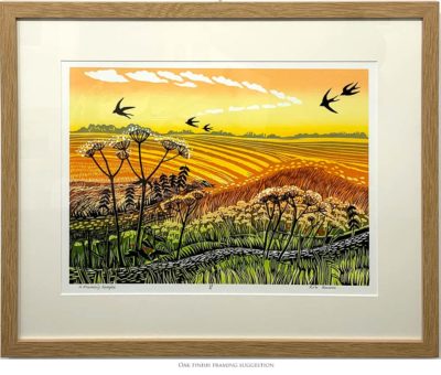 Original Linocut by Rob Barnes at Norton Way Gallery, Hertfordshire. This original artwork from Rob Barnes depicts swallows swooping across fields.