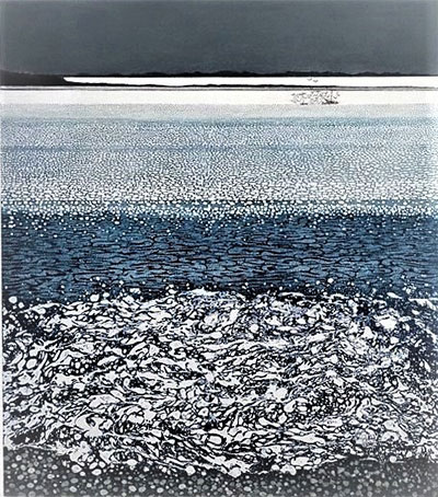 Phil Greenwood RE, at Norton Way Gallery, Hertfordshire. This original artwork by British artist, Phil Greenwood RE is an original artist's etching. It depicts a sea and shore-scape. There are pebbles and a breaking tide in the foreground. On the horizon is a ship with gulls flying around it.