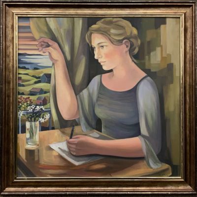 The Writer by Liz Ridgway. This original artwork by Liz Ridgway is painted in oil. It depicts a writer sitting at her window, gazing into the distance. It is exhibited at Norton Way Gallery Hertfordshire