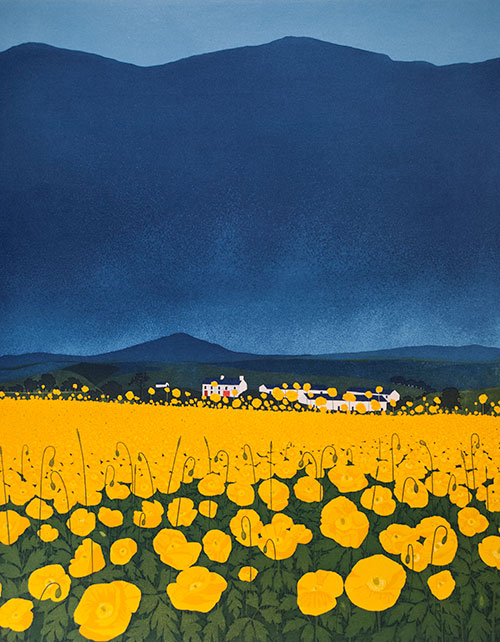 Phil Greenwood RE, at Norton Way Gallery, Hertfordshire. This original artwork by British artist, Phil Greenwood RE is an original artist's etching. It depicts large yellow poppies in a field. In the background there is a row of cottages, one with red doors. There are mountains in the distance.