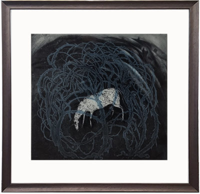 Flora McLachlan at Norton Way Gallery, Hertfordshire. This original artwork by British artist, Flora McLachlan is an original artist's etching. It depicts a semi abstract magical and narrative landscape. It is a monotone scene with touches of blue and shows a Unicorn surround by thicket.