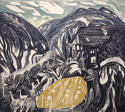 Flora McLachlan at Norton Way Gallery, Hertfordshire. This original artwork by British artist, Flora McLachlan is an original artist's Block Print. It depicts a semi abstract magical and narrative landscape. It portrays a building with turrete, trees, hill and geese.