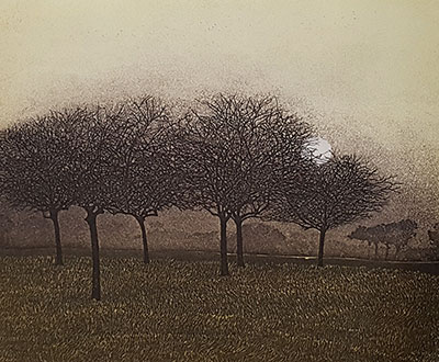 Phil Greenwood RE, at Norton Way Gallery, Hertfordshire. This original artwork by British artist, Phil Greenwood RE is an original artist's etching. It depicts a small winter group of trees, with a wintery moon behind.