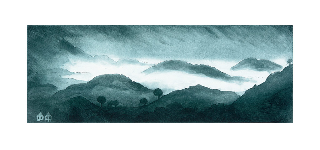 Autumn Mist by Morna Rhys. This atmospheric etching from Morna Rhys is an original artwork. It depicts distant hills surrounded by mist. The palette is predominantly blue. It is exhibited at Norton Way Gallery Hertfordshire.