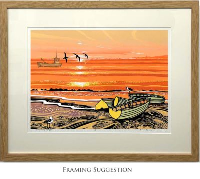 Original Linocut by Rob Barnes at Norton Way Gallery, Hertfordshire. This original artwork from Rob Barnes depicts a setting sun on boats, on a beach.