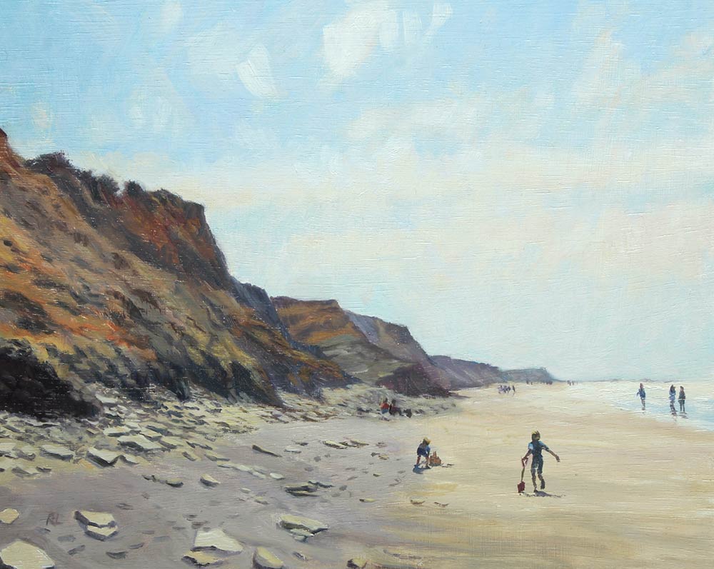 Brook Bay by Rosemary lewis. This original artwork is painted in oils and depicts children and adults on the beach. It is exhibited at norton Way Gallery Herfordshire.