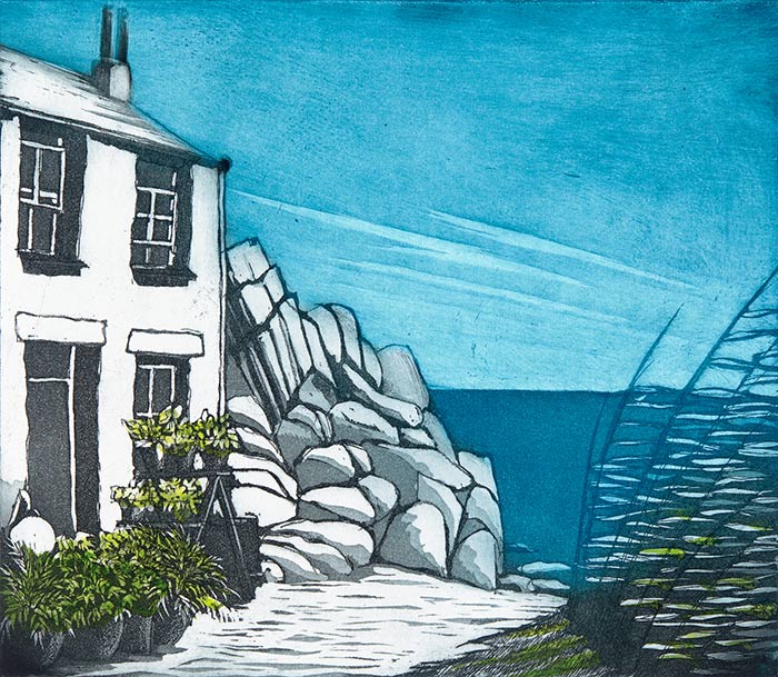 By the Sea by Morna Rhys. This etching by Morna Rhys is an orignal artwork. It depicts a Cornish scene of a cottage by the sea. It is exhbited at norton Way Gallery Hertfordshire.