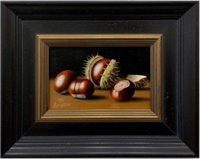 Four horse Chestnuts by Anne Songhurst. This original oil painting from Anne Songhurst is framed in a dark wooden frame with dull gold detail on the inner rim. It is exhibited at Norton Way Gallery Hertfordshire.