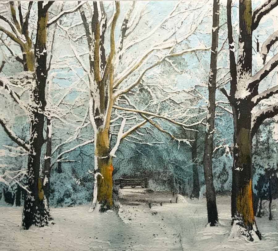 The Edge of the Forest by Jo Barry RE. This beautiful etching by Jo Barry RE depicts trees and a gate, covered with snow.