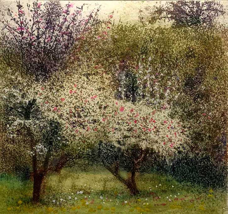 Extravagance of Spring by Jo Barry RE. This beautiful etching from Jo Barry RE depicts a secret orchard in bloom.