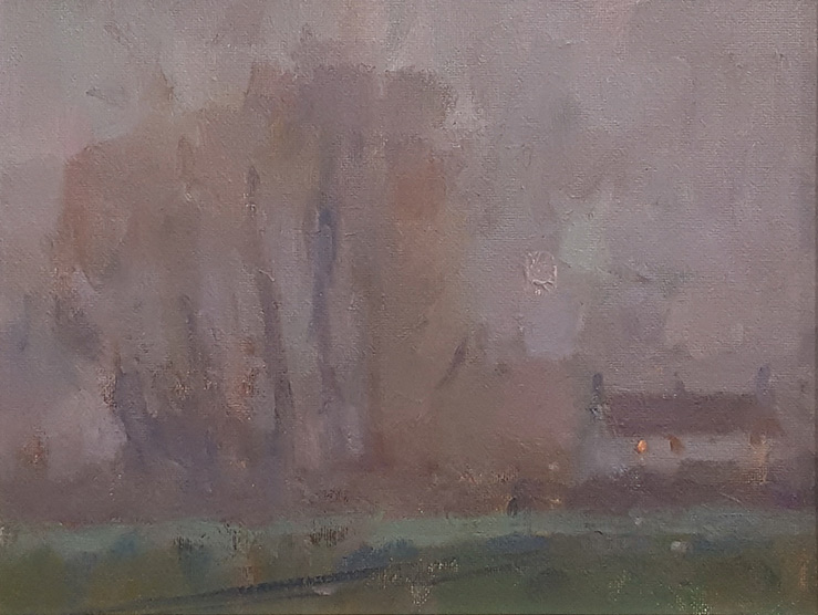 Andrew Farmer at Norton Way Gallery. This original oil painting from Andrew Famer ROI, depicts a a distance cottage at dusk. There is a single light on. It is exhibted at norton Way Gallery Hertfordshire.