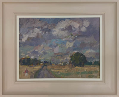 Late Summer by Andrew Farmer is framed in a contemporary handpainted off white frame. It is exhibited at Norton Way Gallery, Hertfordshire.