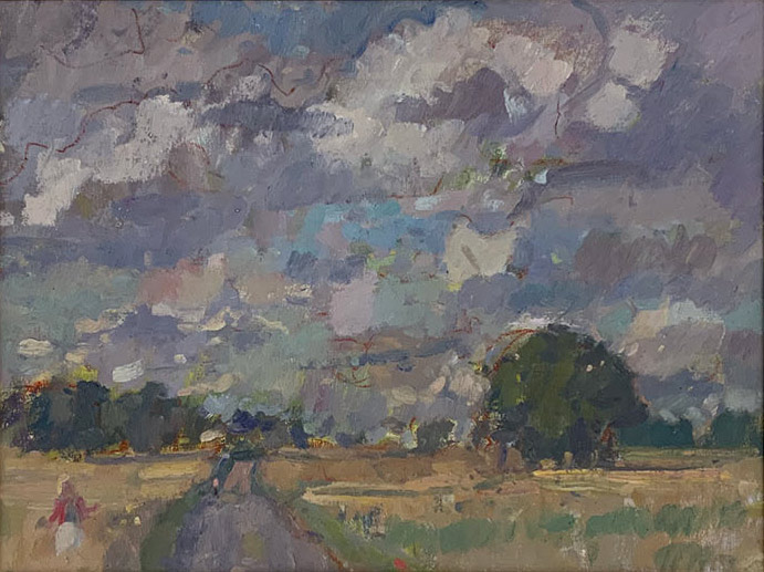 Late Summer by Andrew Farmer ROI. This original oil painting by Andrew Farmer ROI, depicts a small road winding through a corn field. It is exhibited at Norton Way Gallery Hertfordshire.