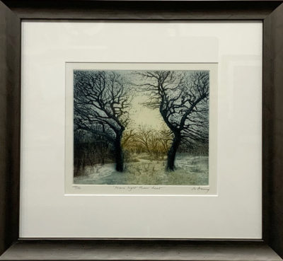 More light than Heat by Jo Barry RE. This original etching from Jo Barry RE is framed in a soft pewter finished wooden frame. It is exhibited at Norton Way Gallery Hertfordshire.