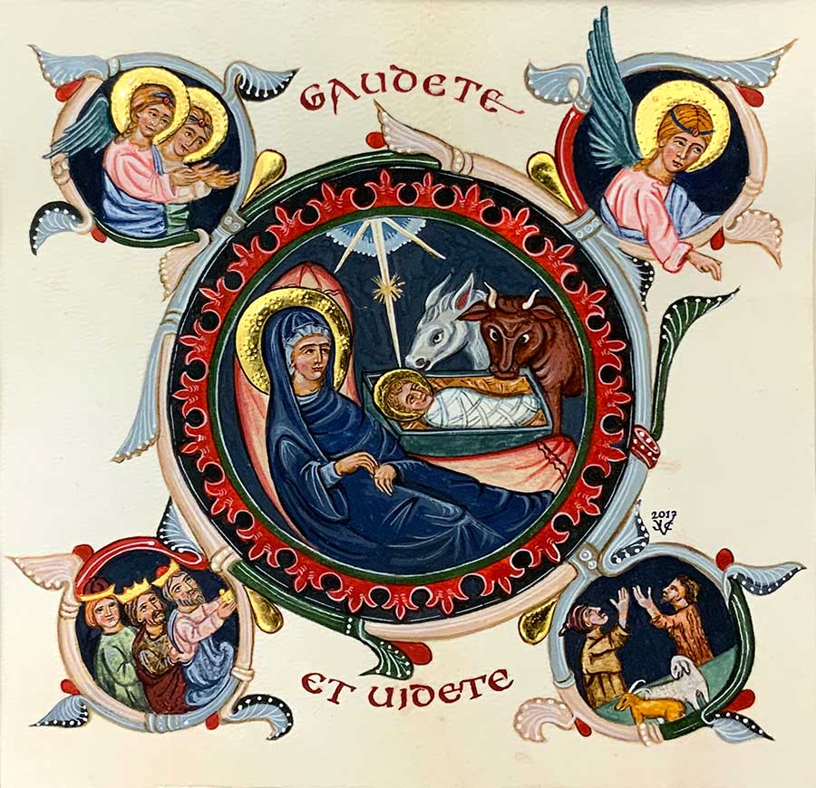 Nativity of the Christ by Juliet Venter. This artwork is painted in Egg Tempera and Gold leaf, by Juliet Venter. Exhibited at Norton Way Gallery Hertfordshire.