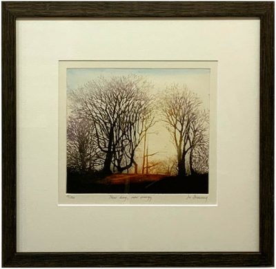 New Day New Energy by Jo Barry RE. This original etching by Jo Barry RE is framed in a simple but stylish dark wooden frame. It is exhibted at Norton Way Gallery Hertfordshire.