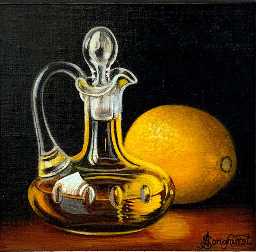 Olive Oil and lemon by Anne Songhurst at Norton Way Gallery. Original oil painting by Anne Songhurst. This painting depicts a still life comprising of a lemon and a jug of olive oil.