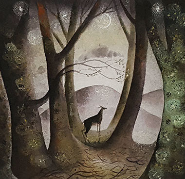 Flora Maclachlan at Norton Way Gallery Hertfordshire. Flora Maclachlan's beautiful painting of deer in the forest, is painted in watercolour and ink.