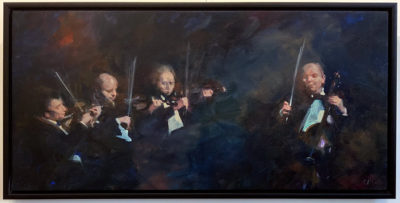 Quartet by artist Michael Alford. Michael Alford has framed his original oil painting in a simple floating dark, wood box frame.