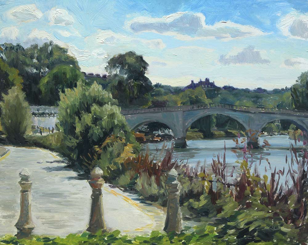 Original artwork by Rosemary Lewis. This original oil painting by Rosemary Lewis depicts Richmond Bridge in the summer. It is exhibited at Norton Way Gallery Hertfordshire.