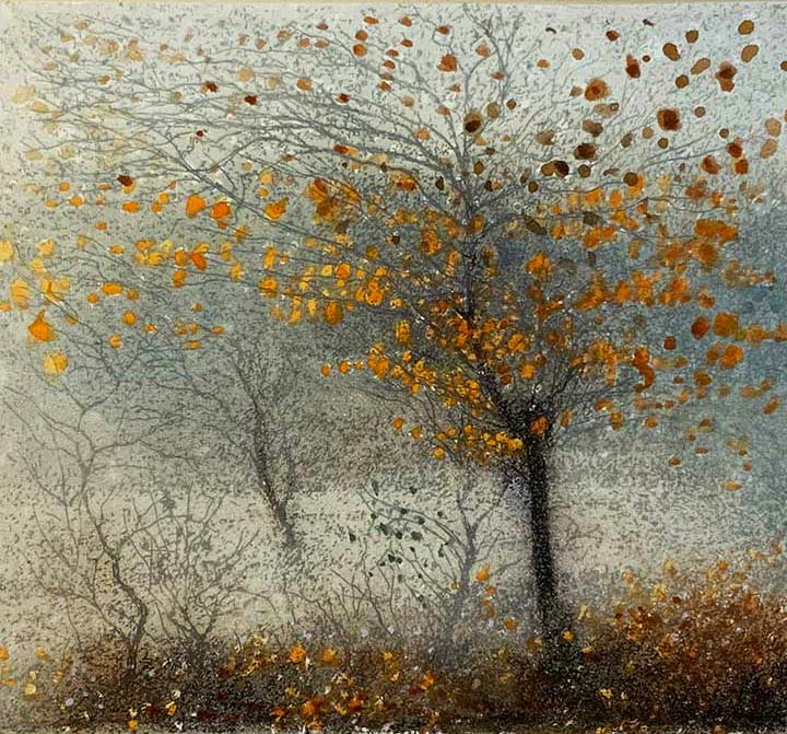 Sparkle of Early Winter by Jo Barry RE. This original etching from Jo Barry RE depicts a winter tree with holding on to the last of its autumn leaves. It is exhibited at Norton Way Gallery Hertfordshire.