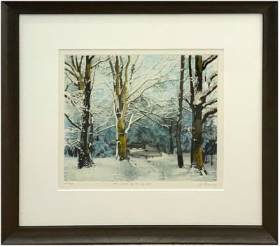 Edge of the forest by Jo Barry RE. This original etching and aquatint by Jo Barry RE is framed in a soft pewter finished, wooden frame. It is exhibited at norton Way Gallery Hertfordshire.