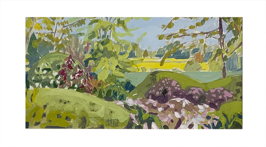 Amie Haslen has painted this original piece of artwork in acrylics. It depicts over-hanging trees and a garden beyond a hedge. It is exhibited at norton Way Gallery Hertfordshire